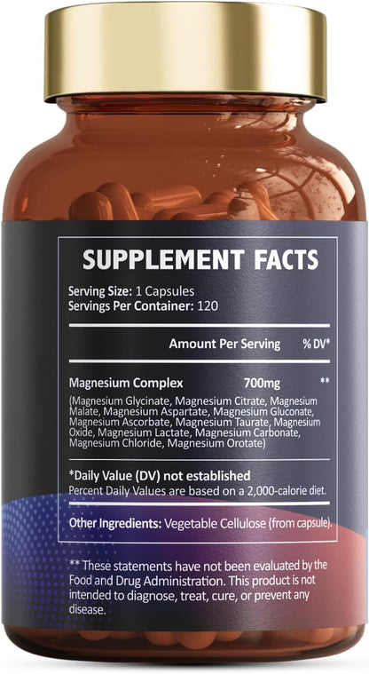 Totaria Magnesium Complex 700mg 12 in 1 Magnesium Supplement with Glycinate, Citrate, Malate, Oxide, Taurate, Aspartate, Orotate Magnesium for Relaxation, Muscles and Heart.