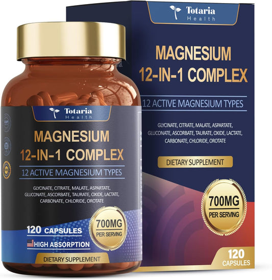 Totaria Magnesium Complex 700mg 12 in 1 Magnesium Supplement with Glycinate, Citrate, Malate, Oxide, Taurate, Aspartate, Orotate Magnesium for Relaxation, Muscles and Heart.