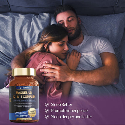 Totaria Magnesium Complex 700mg 12 in 1 Magnesium Supplement with Glycinate, Citrate, Malate, Oxide, Taurate, Aspartate, Orotate Magnesium for Relaxation, Muscles and Heart.