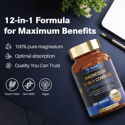 Totaria Magnesium Complex 700mg 12 in 1 Magnesium Supplement with Glycinate, Citrate, Malate, Oxide, Taurate, Aspartate, Orotate Magnesium for Relaxation, Muscles and Heart.